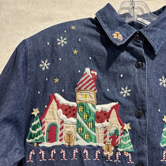 Karen Scott Denim Christmas Shirt Women's Medium Santa Claus Embroidered - Picture 2 of 16